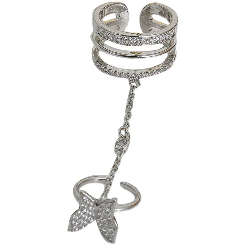 

LOVOACC Cute Shinning Rhinestone Butterfly Charm Rings for Women Silver Color Alloy Long Chain Simulation Wing Adjusting Ring