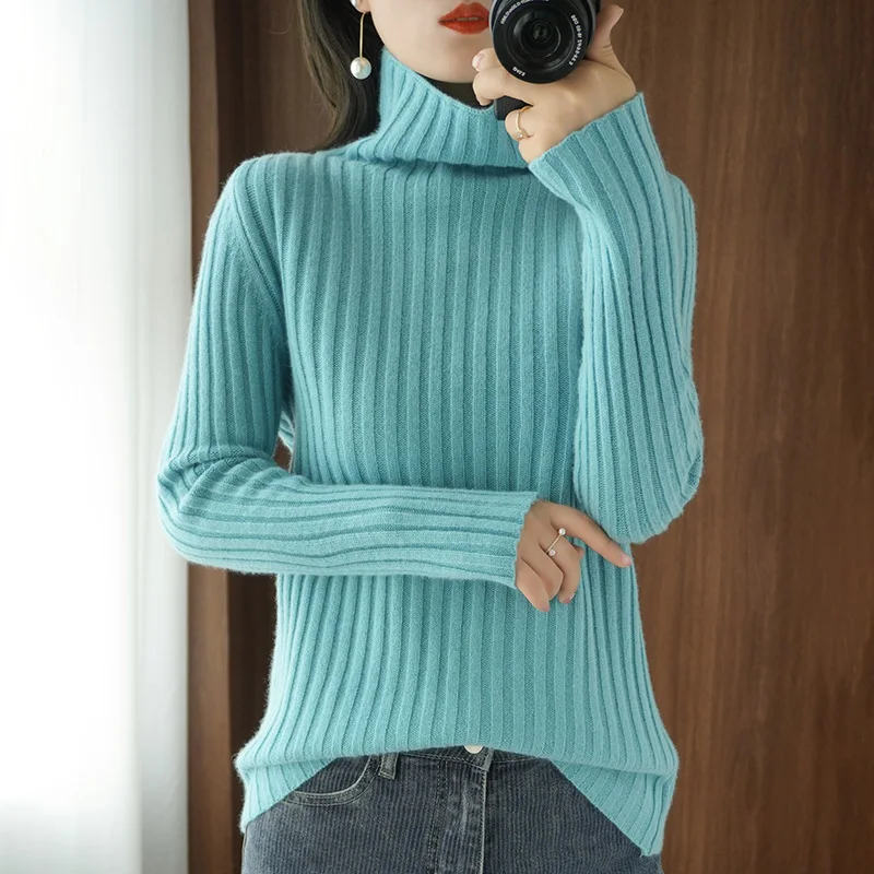 

2020 new ladies sweater winter self-cultivation pit strip pile collar knitted pullover turtleneck cashmere bottoming shirt