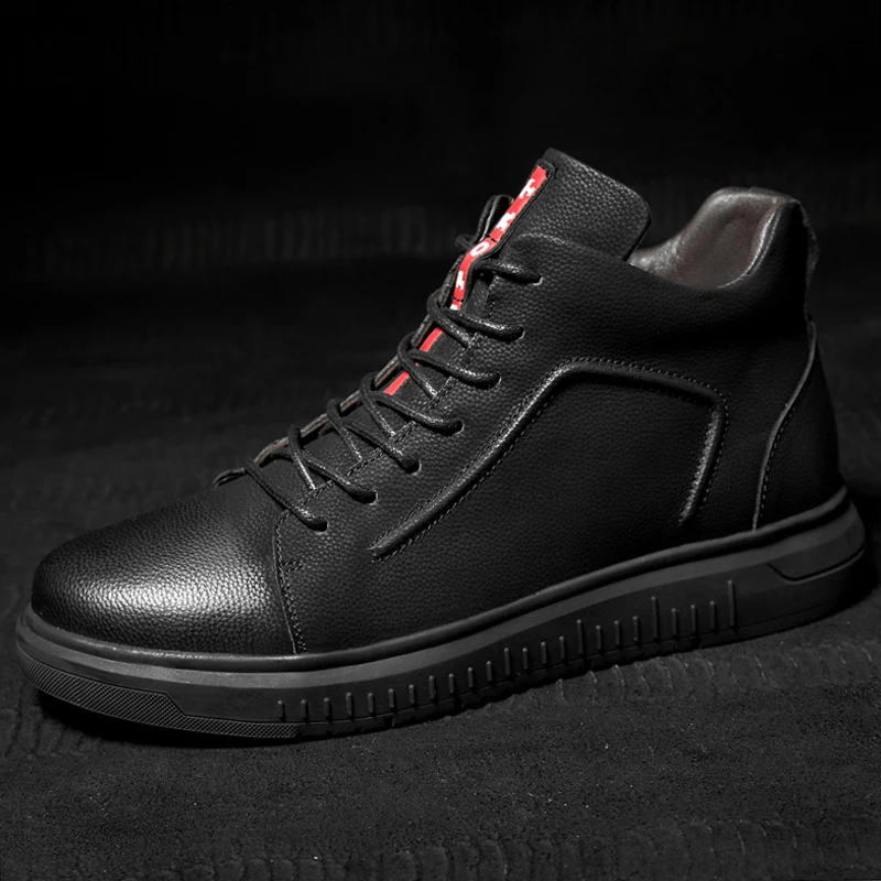 2021 Fashion Men's Vulcanized Shoes Casual Genuine Leather  Winter Plush Black Big Size Shoe Man Platform Shoes For Men Sneakers
