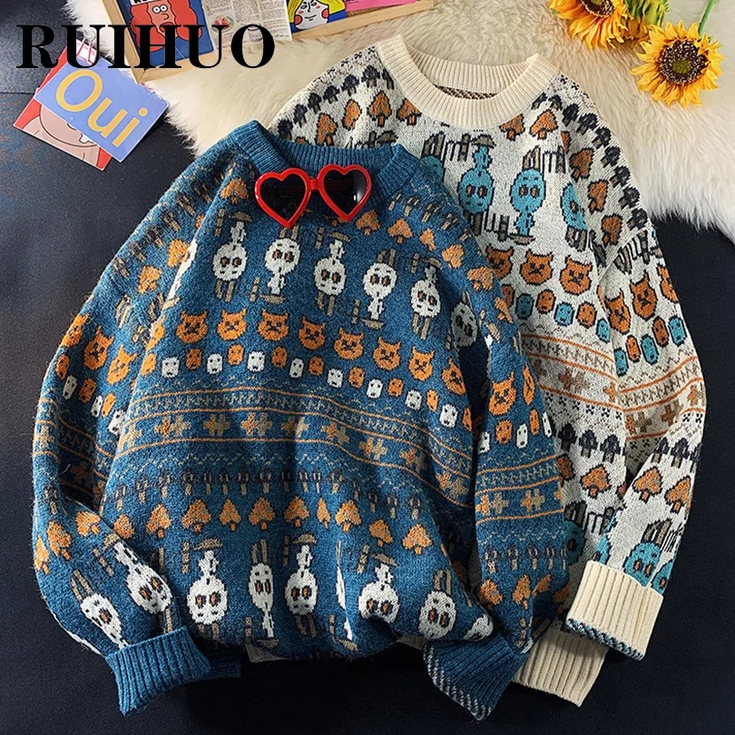 RUIHUO Knitted Sweater Men Clothing Harajuku Fashion Mens Sweaters Pullovers Retro Clothes Knitwear 2XL 2022 New Arrivals | Мужская