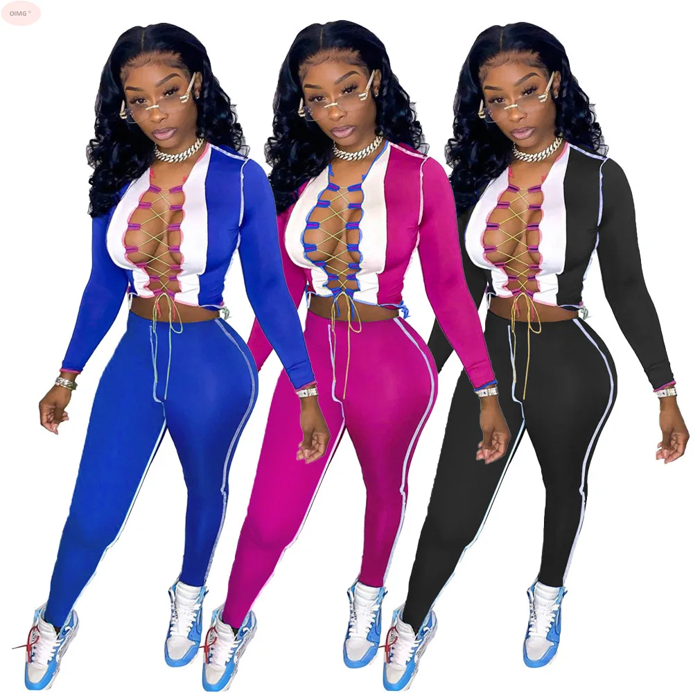 

H8382 Europe and America Autumn New Women's Colluding Color Fashion Splicing Binding Belt Slim Hollow Two Piece Set