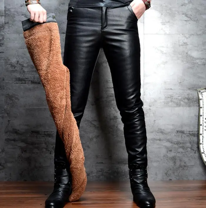 velvet thick leather pants mens feet pants winter fashion motorcycle pu trousers for men personality pantalon homme black
