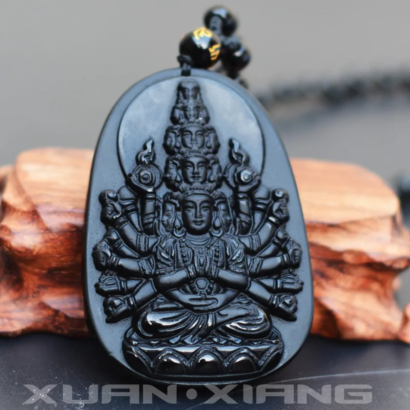 Мужские ожерелье с кулоном черный обсидиан резные Avalokitesvara Guanyin Будда Бодхисаттва