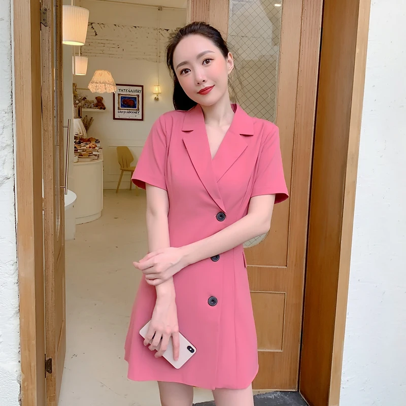 

2020 summer new French temperament design sense high-end suit collar pink dress Solid Knee-Length