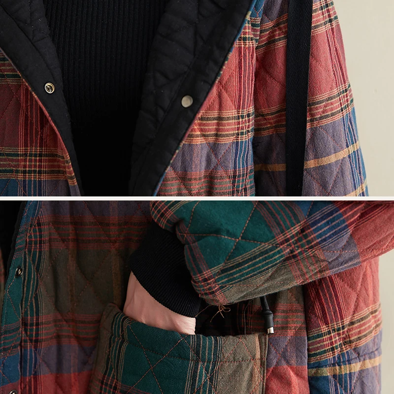 

Women Vintage Winter Parkas Plaid Button Coats Hooded Pockets 2020 New Warm Female Clothes Korean Style Parkas Coats