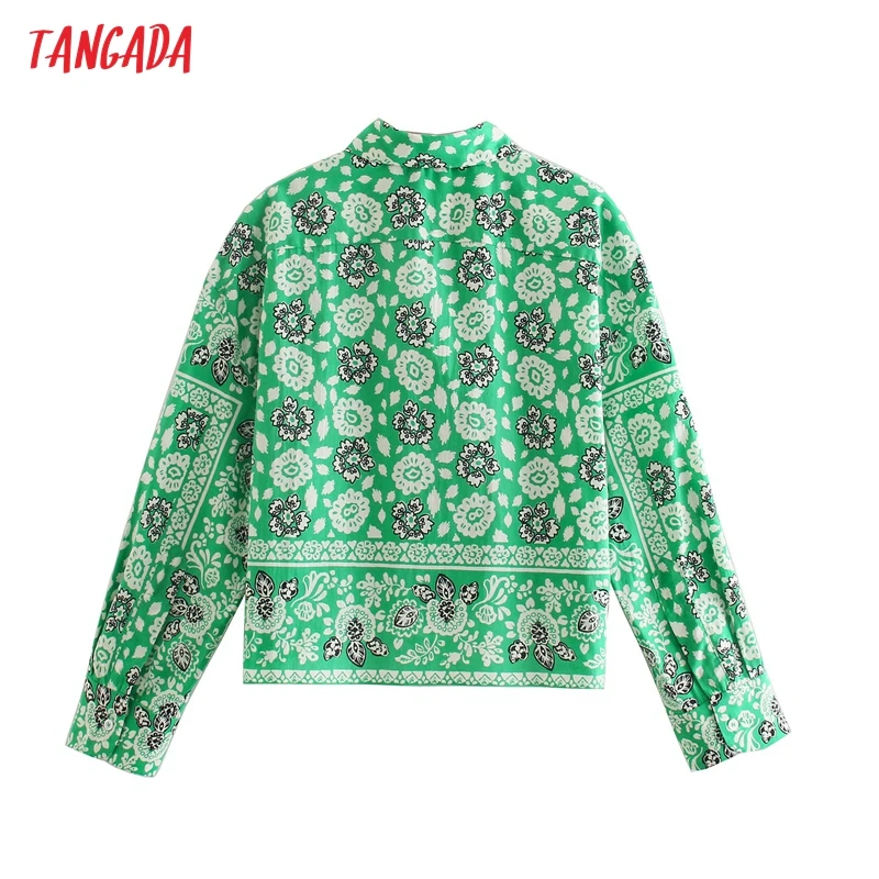 

Tangada 2021 Women Green Flowers Print Vintage Shirt Long Sleeve Chic Female Casual Loose Shirt 5Z251