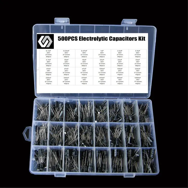 

500Pcs/lot 0.1UF-1000UF 24Values Aluminum Electrolytic Capacitors 16-50V mix Electrolytic capacitor Assorted kit and storage box
