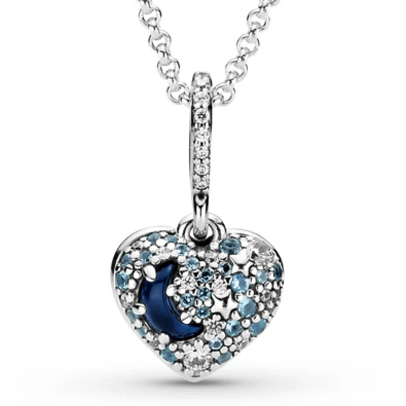 925 Sterling Silver United Regal Crown Sparkling Freehand Heart Blue Moon & Stars Necklace For Popular Bead Charm DIY Jewelry images - 6