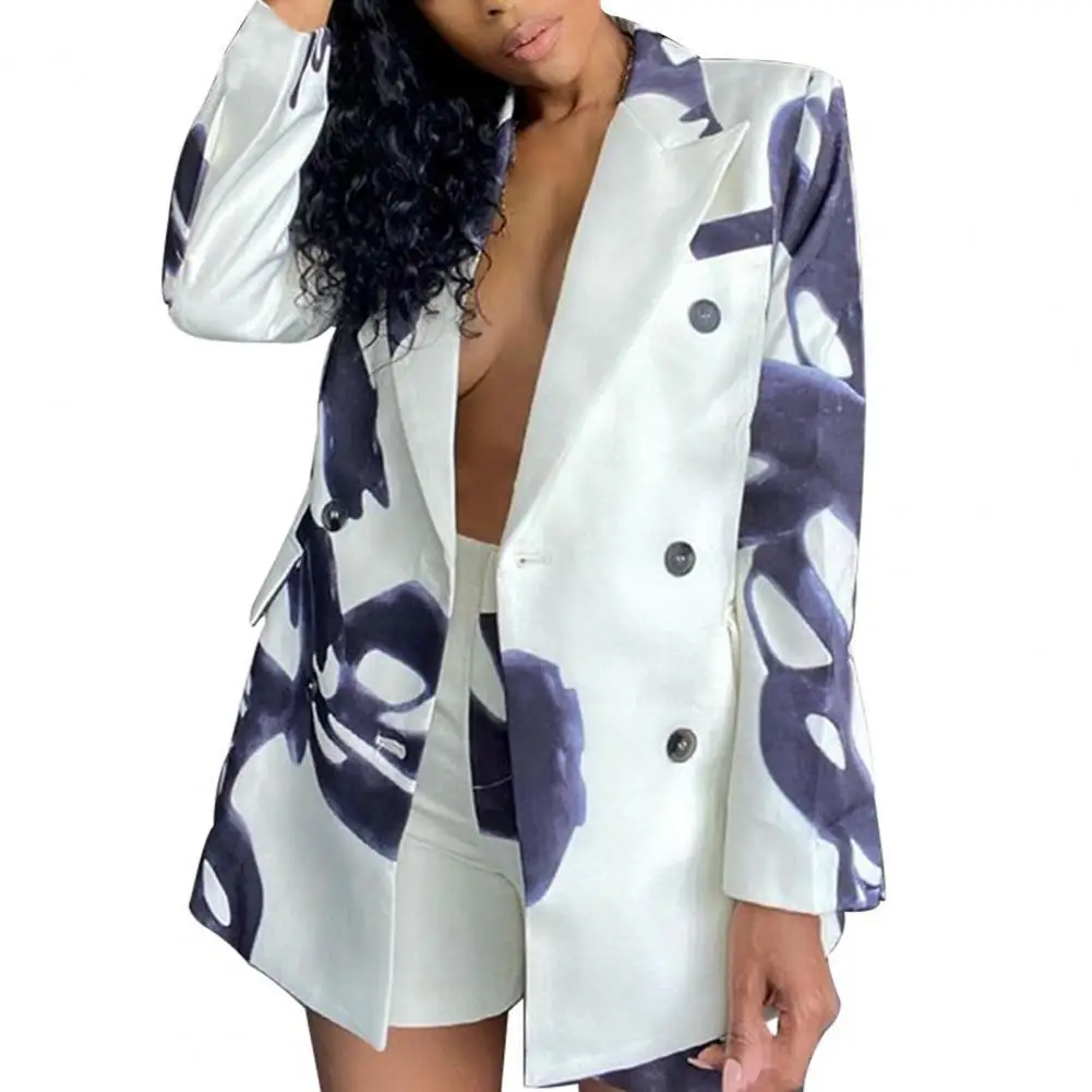 

1 Set Office Lady Stylish Splash Ink Print Double Breasted Suits High Waist Shorts Women Turn-down Collar Long Sleeve Suit Sets