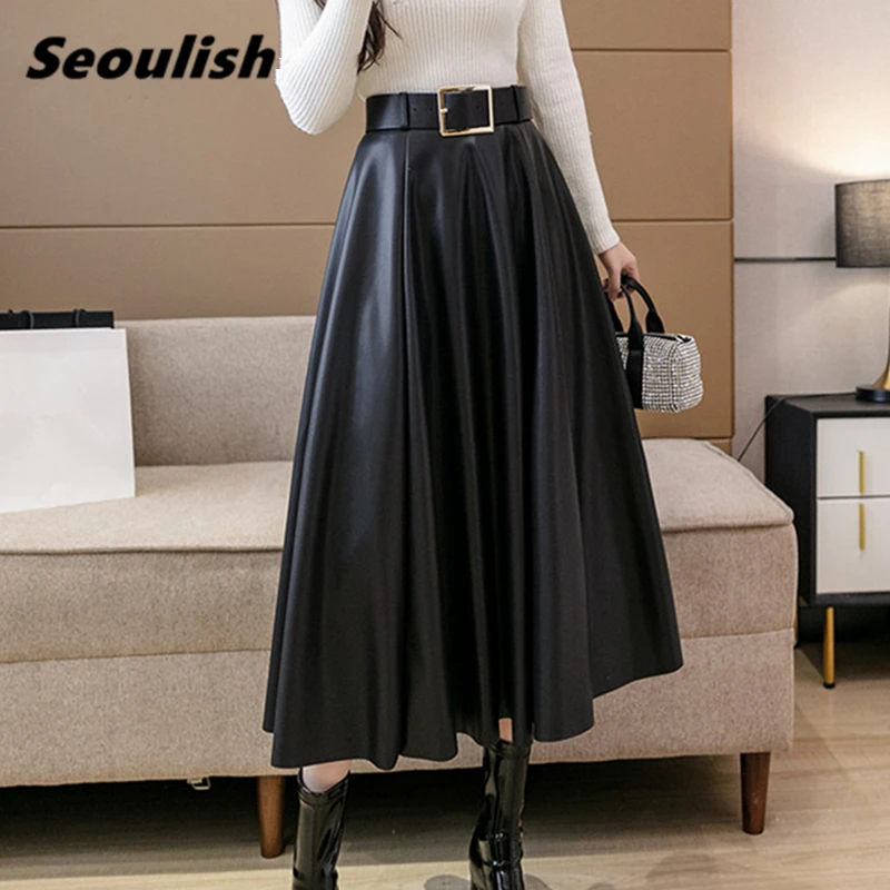 

Seoulish 2021 New Autumn Winter PU Leather Women's Long Skirts with Belted High Waist Female Mid-calf Umbrella A-line Skirts