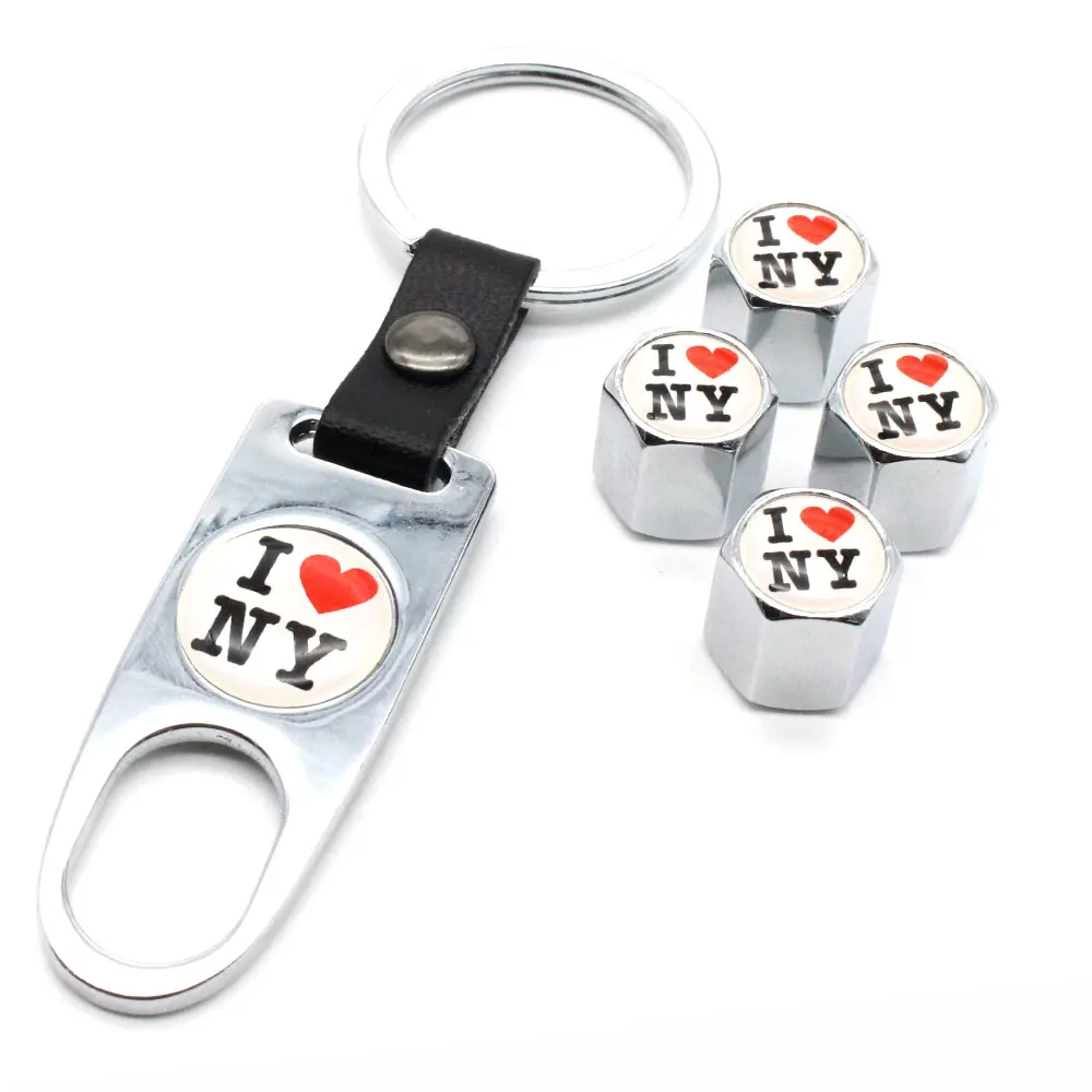 

5Pcs/Set I Love New York Style Anti-theft Car Wheel Air Tire Valves Tire Leather buckle Valve Caps Stem with Wrench Ring Spanner