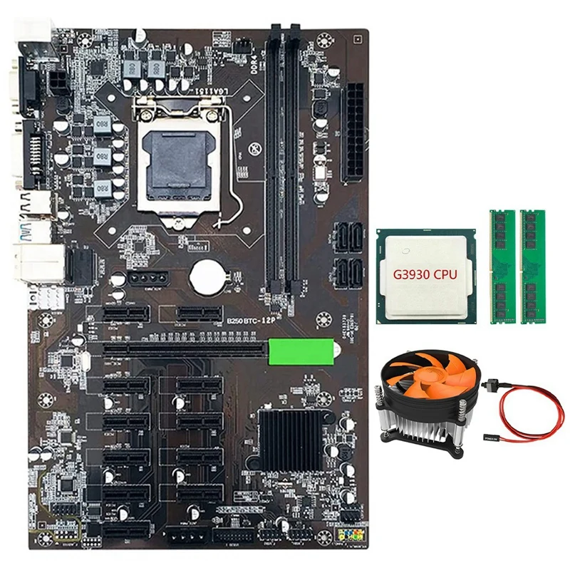 

B250 BTC Mining Motherboard LGA 1151 with 2XDDR4 4G 2666MHZ RAM+G3930 CPU+Cooling Fan+Switch Cable for Miner