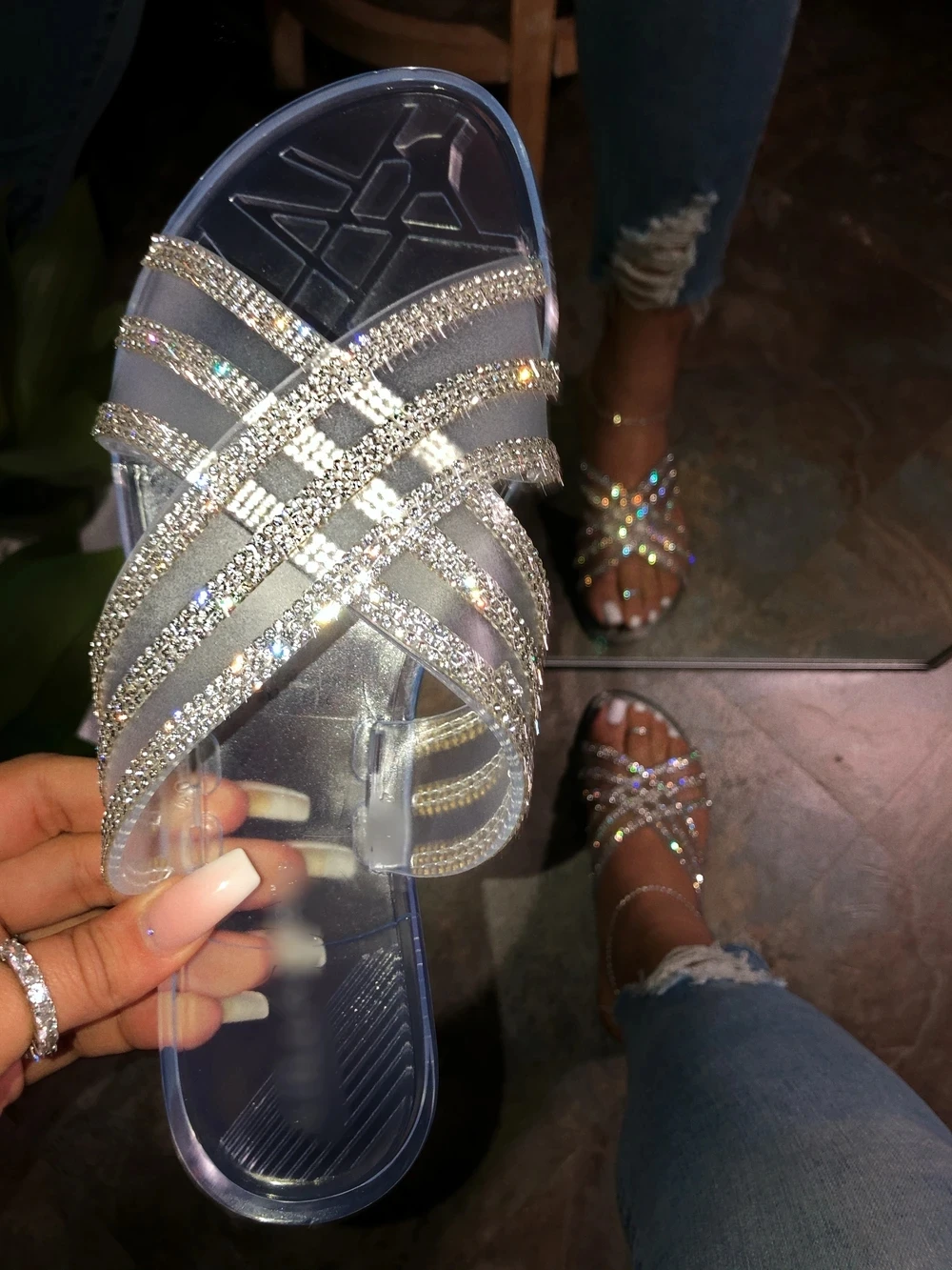 2020 прозрачные тапочки модные шлепанцы с кристаллами женские летние сандалии на