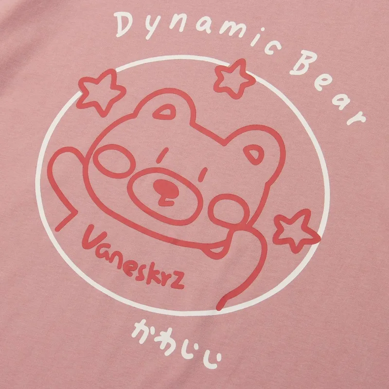 

VEGORRS Tide Brand Wind Gradient Cartoon Bear Printing Retro Loose Round Neck and Half Sleeve Couple Short Sleeve T Shirt Male