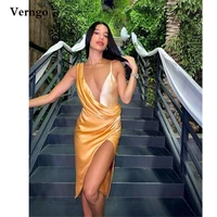 verngo simple gold champagne satin evening party dresses spaghetti stap v neck draped slit knee length prom gowns for cocktail