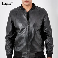 fashion slim faux pu leather jacket sexy men clothing mandarin collar zipper pockets outerwear 2021 spring autumn male jackets
