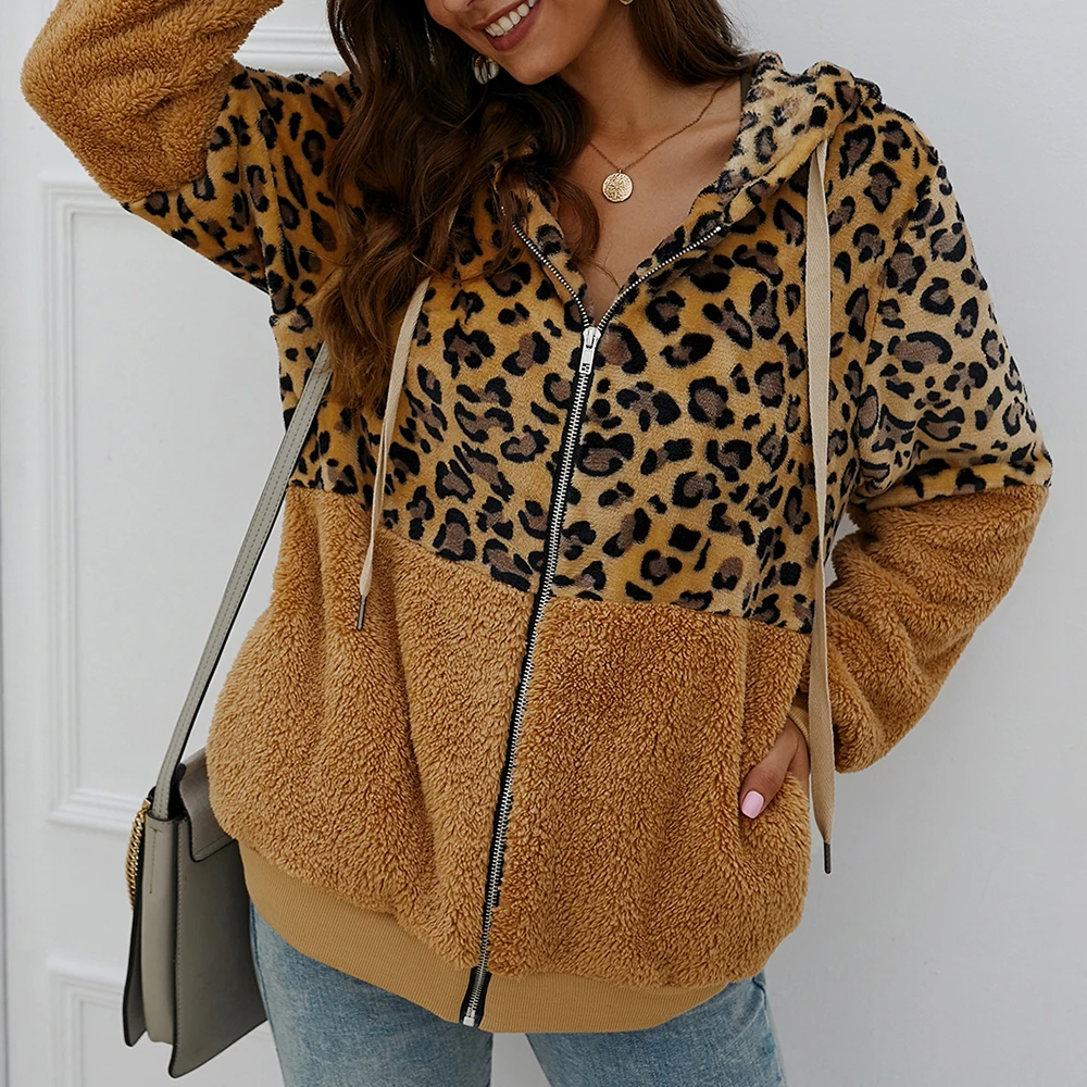 

Hoodies 2019 New Women's Zipper Fuzzy Faux Fleece Leopard Patchwork Hooded Sweatshirt Coat Outerwear Pockets