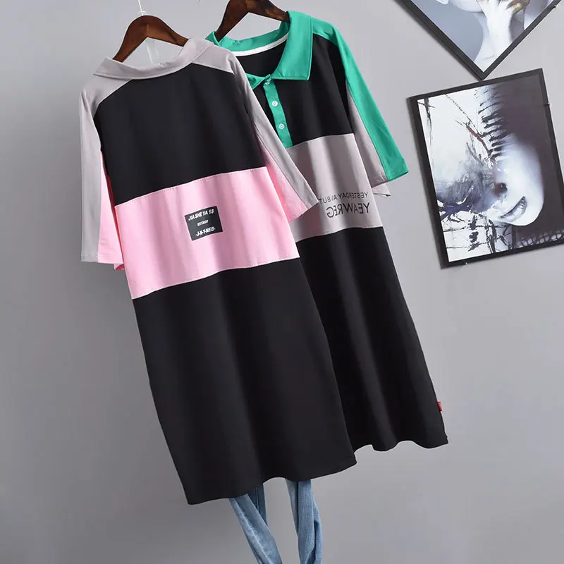 2021 Summer New Korean Women Plus Size Loose Slim Short Sleeved T-shirt Dress Casual Contrast Color Cotton Free Shipping | Женская