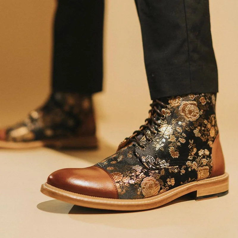 

Men's Handmade High Quality PU Stitching Black Bottom Printing Round Toe Lace-up Ankle Boots Fashion Daily Business Casual YX193