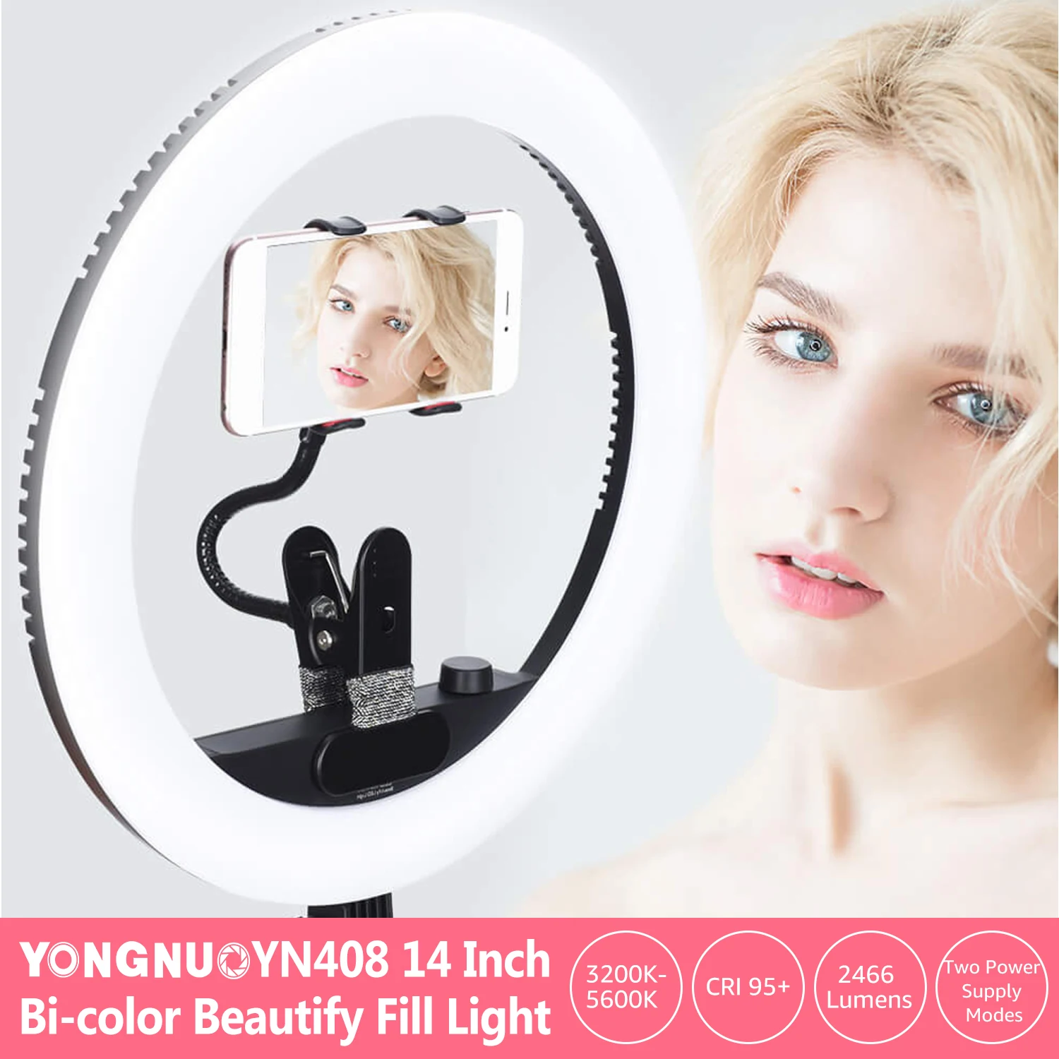 

YONGNUO YN408 14 Inch LED selfie Ring Video Fill Light 3200K-5600K Bi-color Dimmable Photography Lamp 24W CRI 95 for Photography