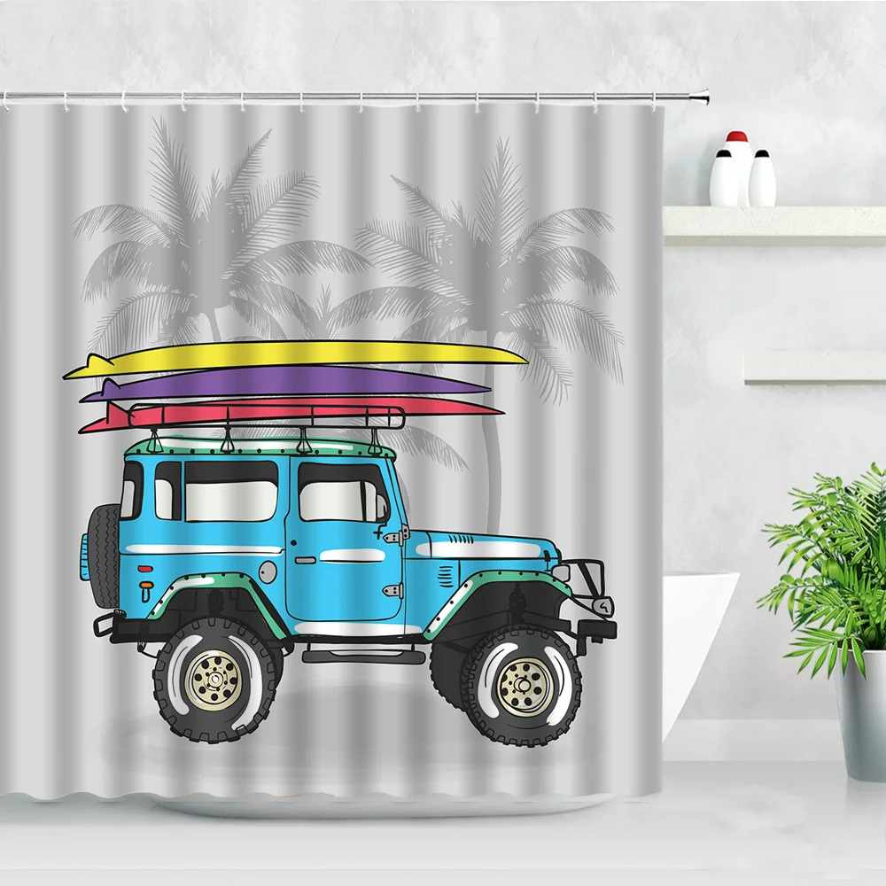 creative camper shower curtains pine touring car wood board backdrop printing waterproof decor screen hooks bathroom curtain set free global shipping