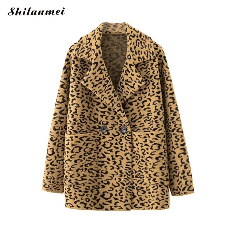 

Трендовое леопардовое шерстяное пальто, женская куртка с воротником-костюмом и карманами, Свободное пальто, верхняя одежда, теплая одежда, ...