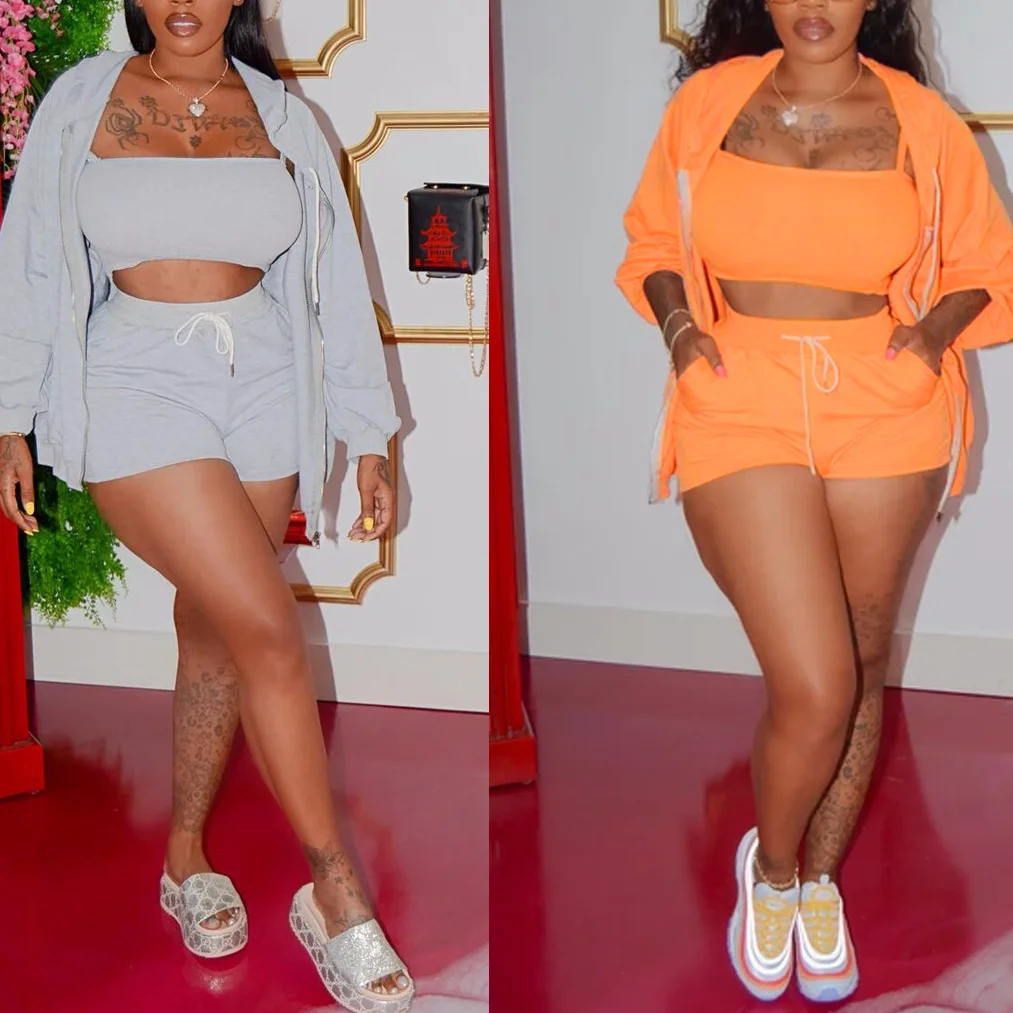 

New Women Sets Streetwear Outfit Sexy 3 Three Piece Matching Suit Casual Woman Fashion Crop Top And Short Pants And Cardigan