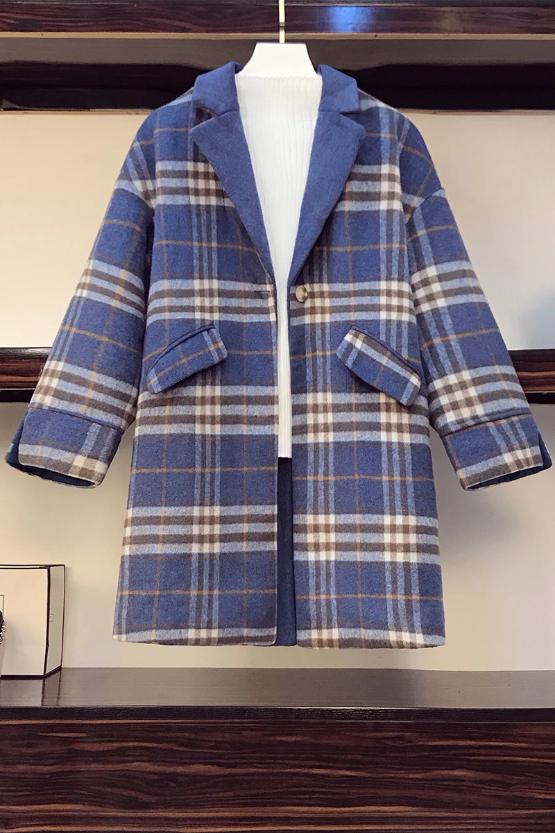 

2020 new fashion women's clothing Single Button Turn-down Collar Full Plaid wool coat women