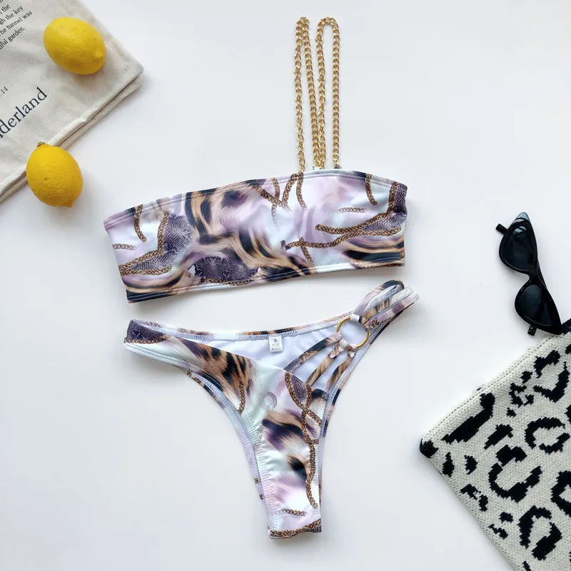 

2021 Sexy Chain Bikini Women Swimwear Hollow Out Swimsuit One Shoulder Bikini Set Bandeau Push Up Bathing Suit Summer Beach Wear