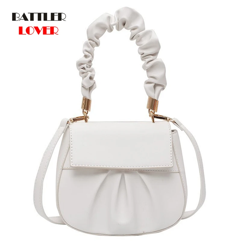 

2021 Fashion High Quality Leather Handbag for Women Solid Color Pleated Design Handle Totes Female Travel Shoulder Messenger Bag