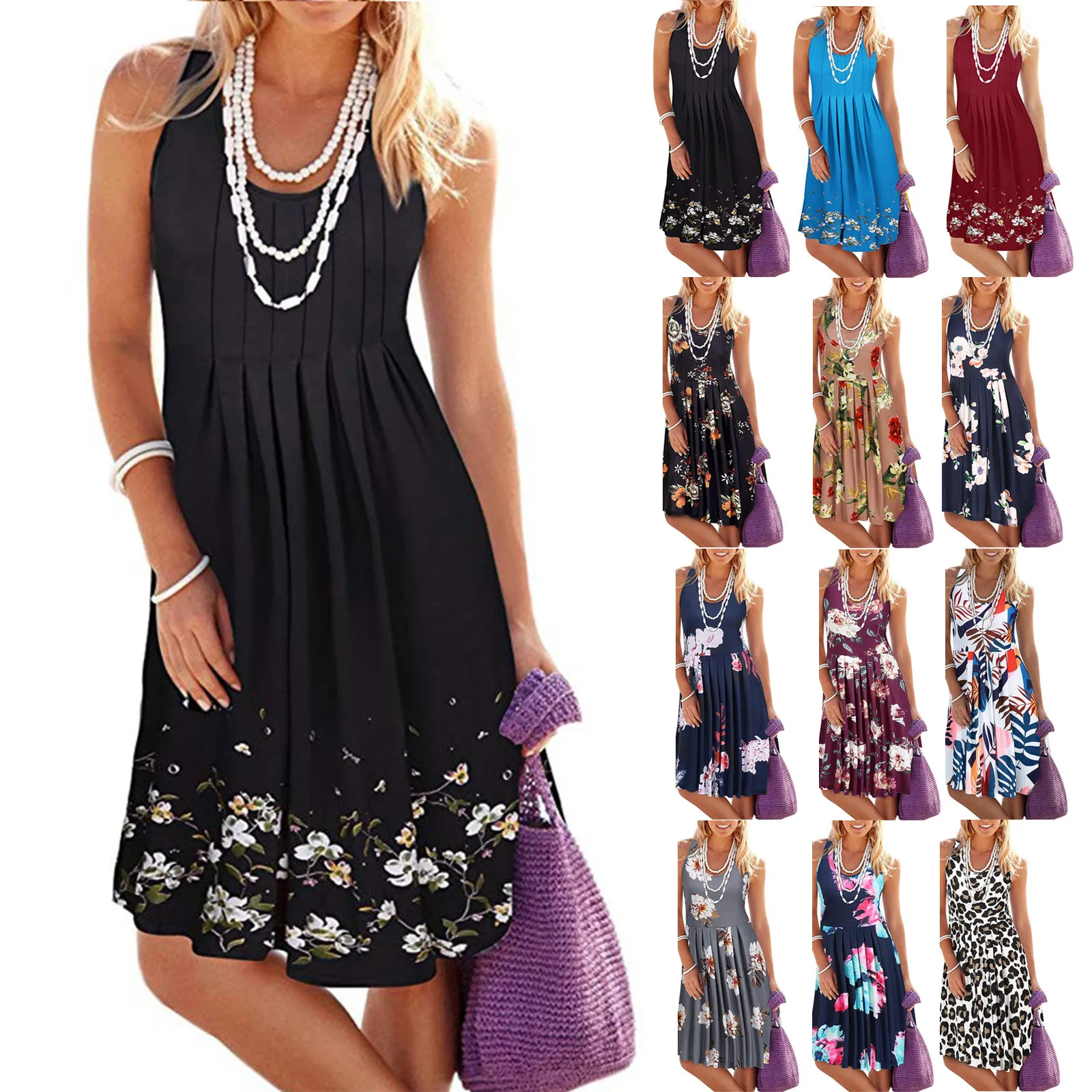 

Camisole Sundress Round Collar knee-length Women Summer Sleeveless Evening Party Beach Dress Short Dress loose Plus size Robe