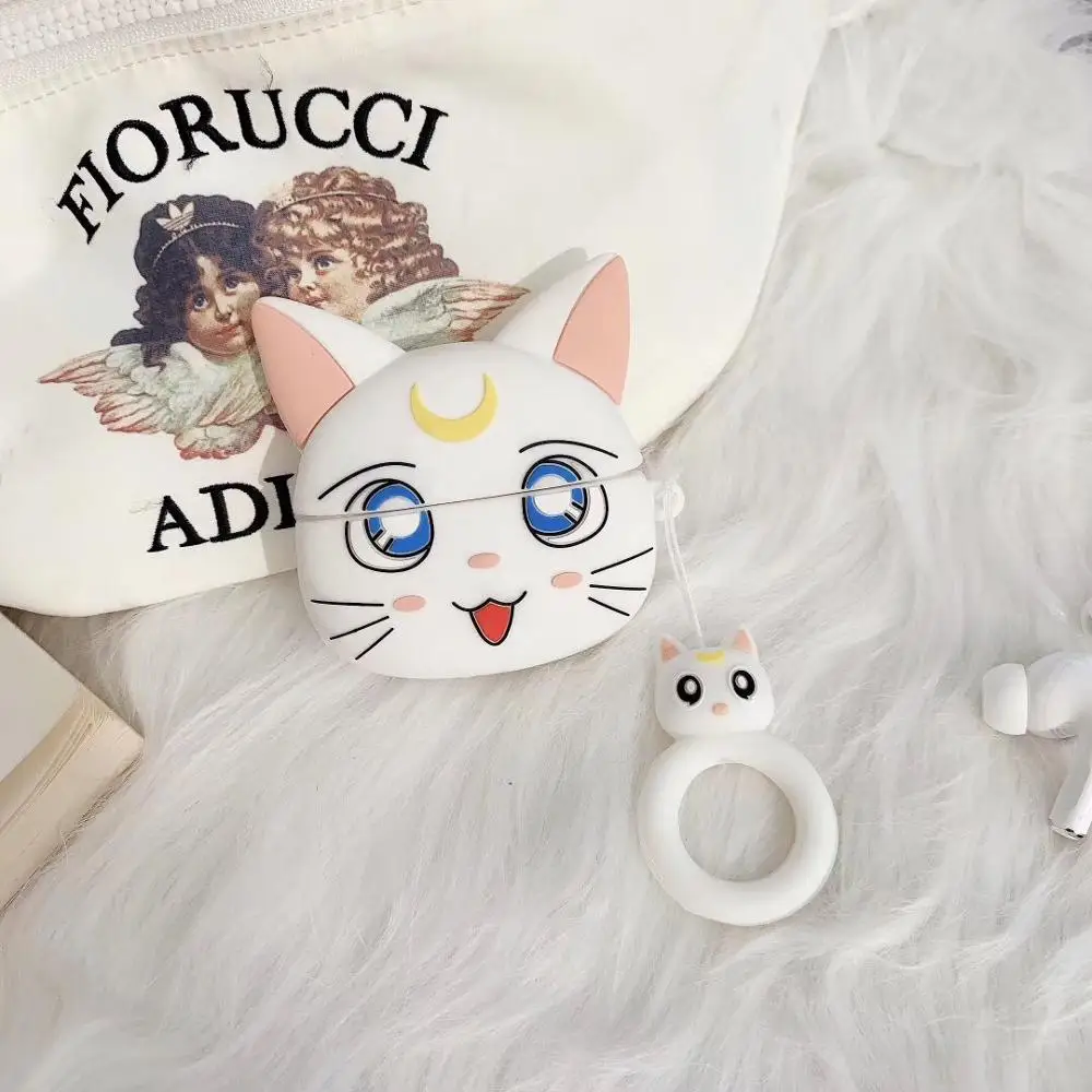 white luna cat 3D чехол с принтом "Сейлор Мун" для Airpods pro милые аксессуары Bluetooth наушники защитная крышка для airpod pro 3 мультяшное Силиконовое кольцо - Color: white luna cat