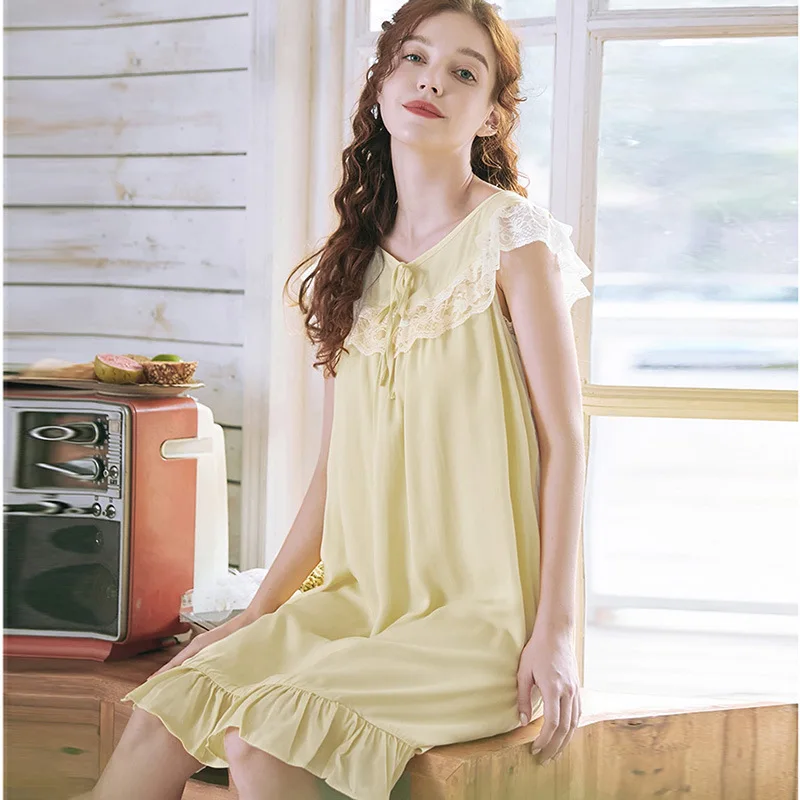 

Однотонная свежая Ночная рубашка на бретелях для дворца, милая домашняя пижама принцессы с коротким рукавом, викторианская модель