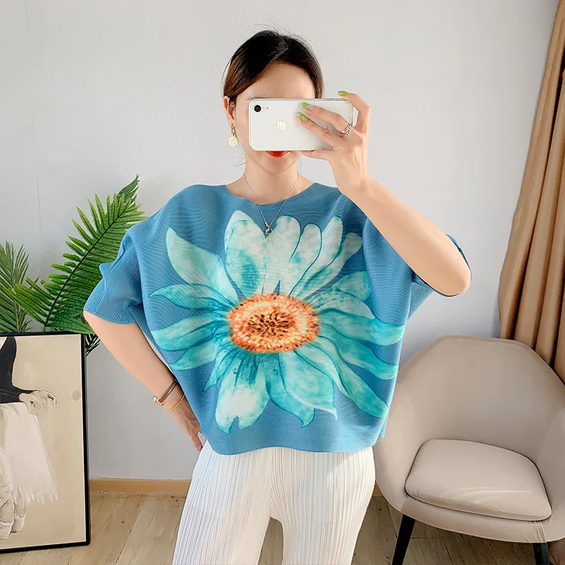 

Женская плиссированная блузка миаке, осенняя винтажная блузка с цветочным рисунком и рукавом летучая мышь, 2021