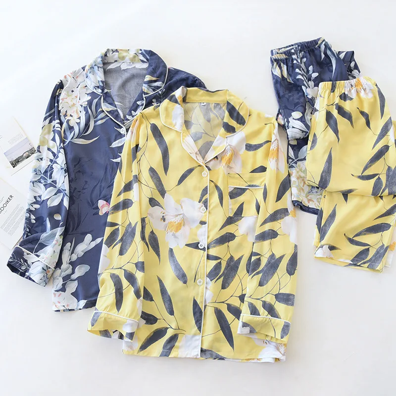 

Женский пижамный комплект из двух предметов, тонкая Хлопковая пижама с длинным рукавом и брюки, домашняя одежда, комплект нижнего белья с от...