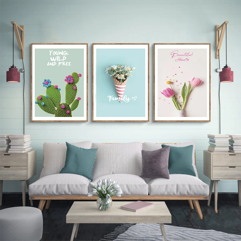 Настенная Картина на холсте с цветами и кактусами постеры принты зелеными