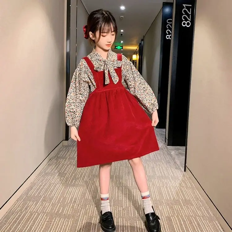 

2021 Spring Autumn Children's Clothing Set For Girls Kids Clothing Blouse + Overall Dress 2 Pcs Clothes Teen Girls Outfits D438