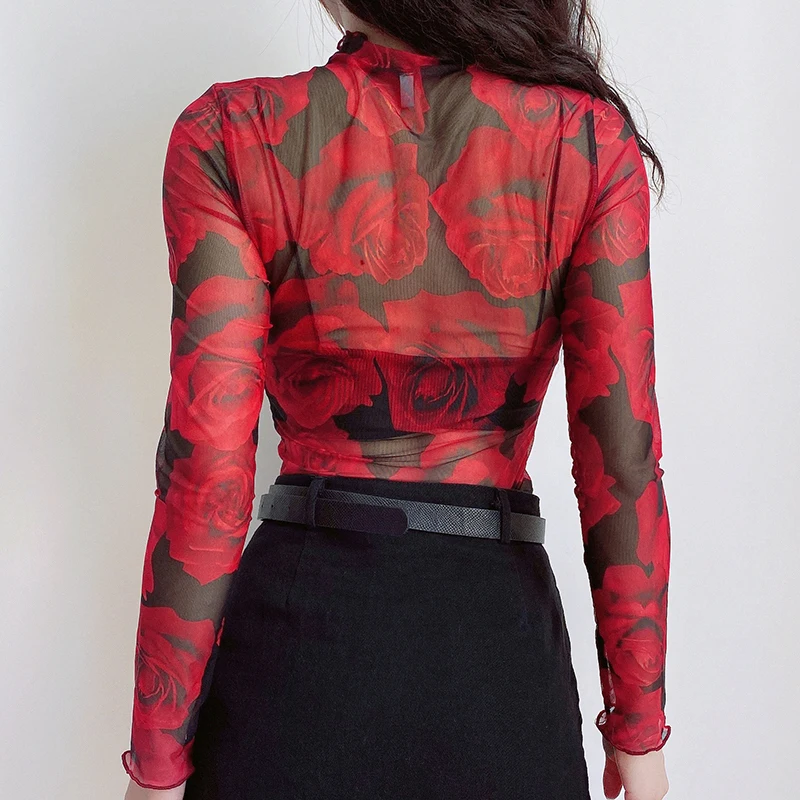 Сексуальная облегающая футболка с прозрачным принтом розы женская уличная