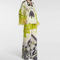 qian han zi designer runway fashion two piece set womens long sleeve feather topblousevintage pattern print long pants suit