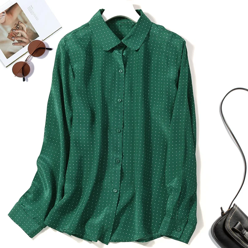 Женская рубашка с длинным рукавом блузка из шелка тутового крепа в зеленый