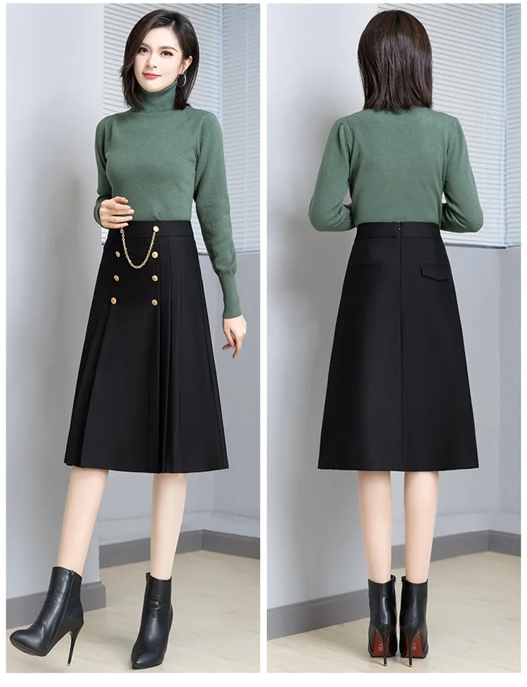 

Women High Waist Plus Size Black Knee-Length Skirt Autumn Winter Female Elegant Chic Loose Casual Mid-long Pleated Skirts 92108