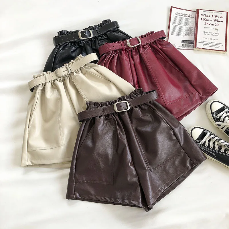

Женские кожаные шорты Paperbag с поясом, с передним карманом, Осень-зима, шорты с высокой талией, одежда хаки