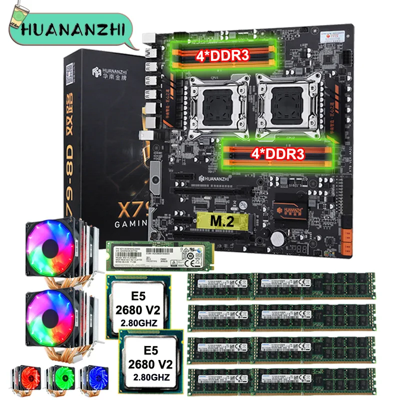 

HUANANZHI X79-8D motherboard combo with M.2 256G NVMe SSD dual CPU Xeon E5 2680 V2 dual 6 tubes coolers RAM 256G(8*32G) RECC