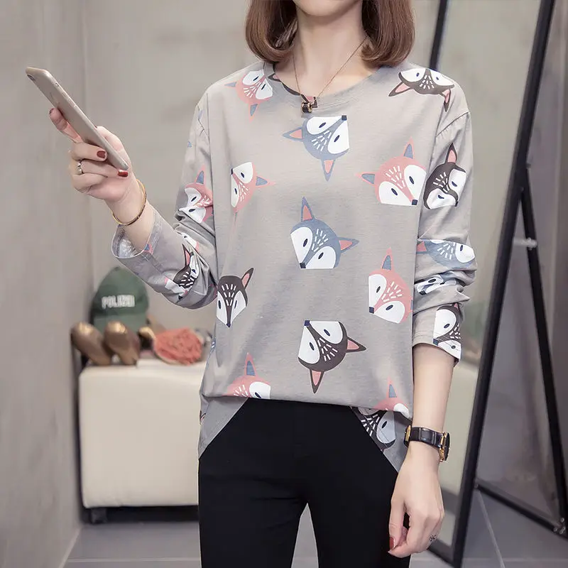 

Oversized Autumn T-shirt Pattern Printed Loose Long Sleeved Tshirt All Match Top Office Lady Clothes Women