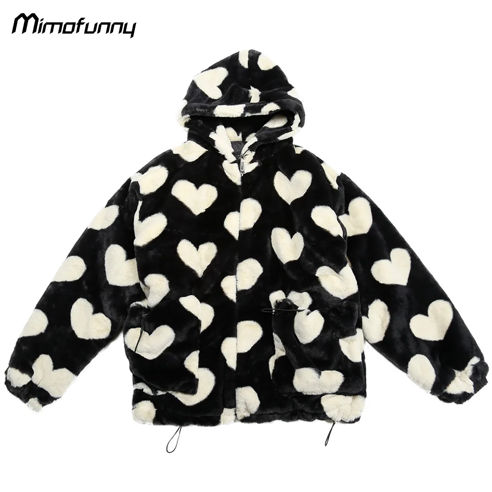 

Hooded Winter Jacket Men Heart-shaped Print Soft Outwear Male Drawstring Pockets Zipper Warm High Street Coats Couple Streetwear
