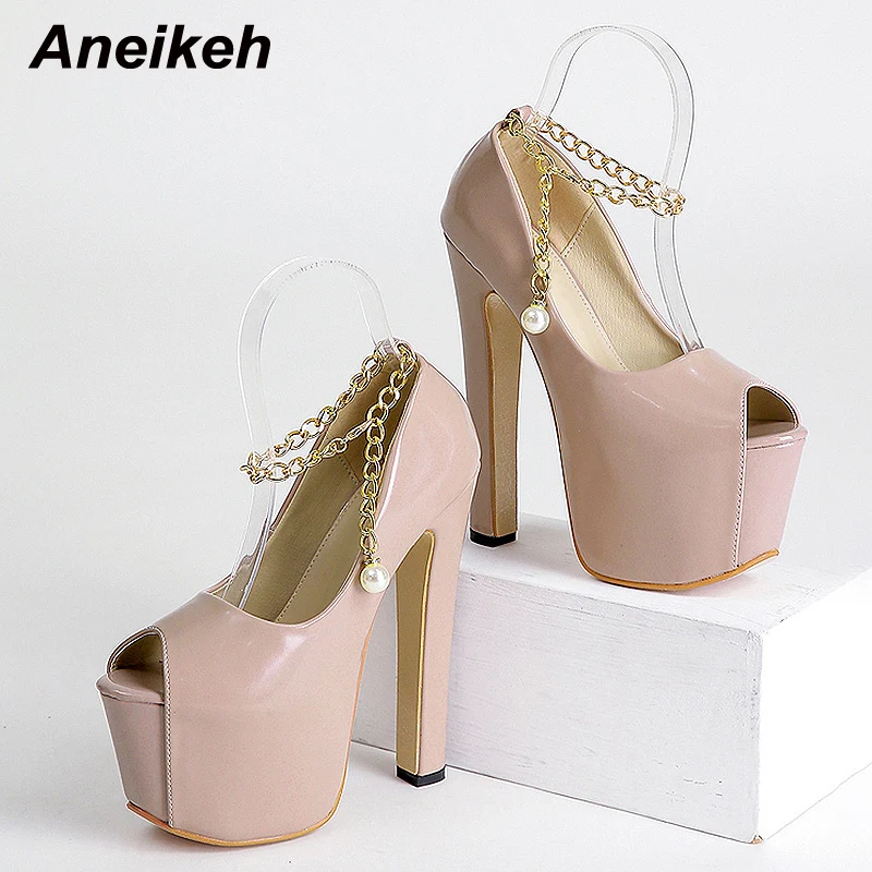 

Aneikeh Spring Women Shoes Rome Ultra high Platform Metal Decoratio Peep Toe Pumps Fashion Patent Leather Solid Thin Heel Party