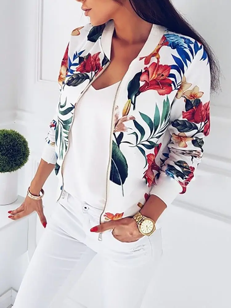 

New Elegant Casual Coat Autumn Outwear Women Clothes Women Coat Fashion Ladies Retro Floral Zipper Up Bomber Jacket