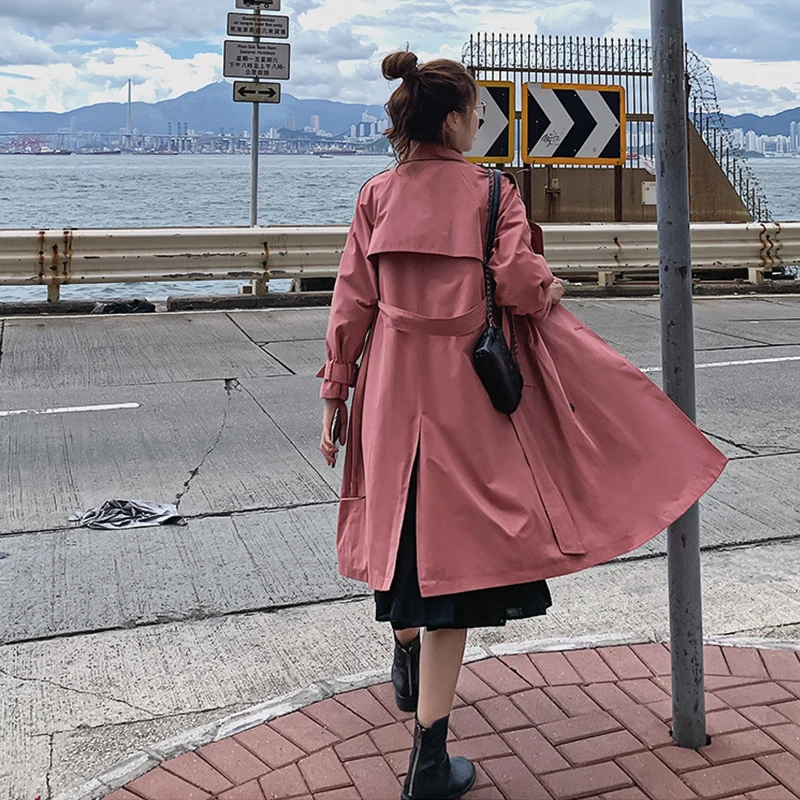 Розовый свободный длинный двубортный Тренч женский с широкой талией