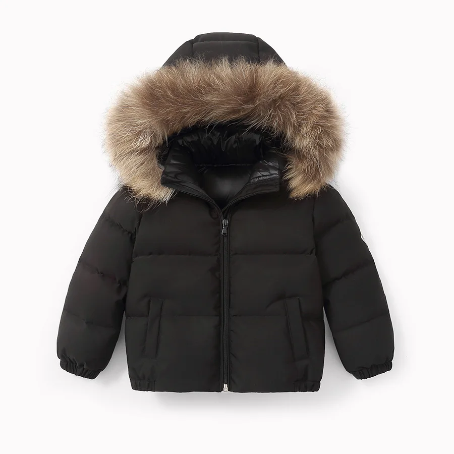 Черный Winter Baby Jacket For Girls Boys Down Jacket Kids Warm Fur collar Hooded Outerwear Coat Children Clothes 4 6 8 10 11 Years - Цвет: Черный