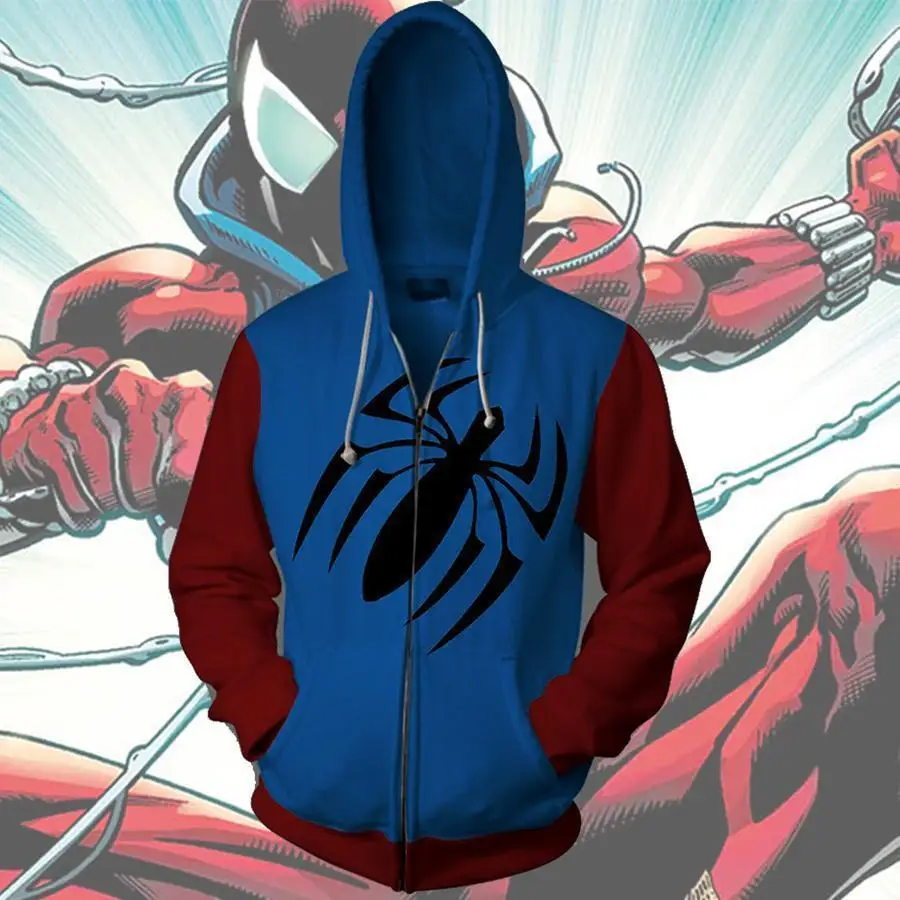 Новинка 2019 толстовка с капюшоном Scarlet Spider на молнии 3d принтом повседневная